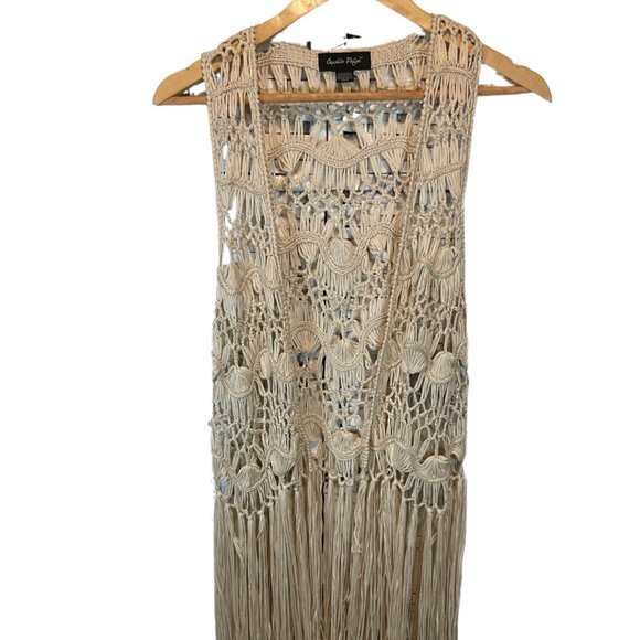 Charlie Paige Other - Beige Crochet Knit Vest w/ Fringe Hem